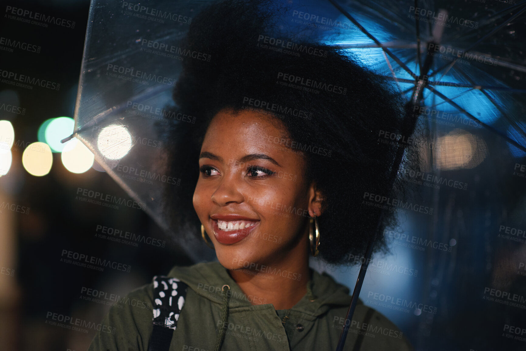 Buy stock photo Night, student and happy woman in city with umbrella, rainy weather or evening commute from university. Late, bokeh and black person thinking in urban town with winter, journey or travel from college