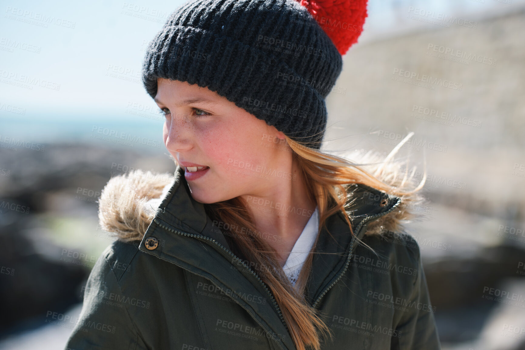 Buy stock photo Beanie, thinking and child outdoor in nature on holiday, getaway or weekend trip in winter. Cold weather, development and girl kid on vacation for growth with reflection, ideas or memory for travel