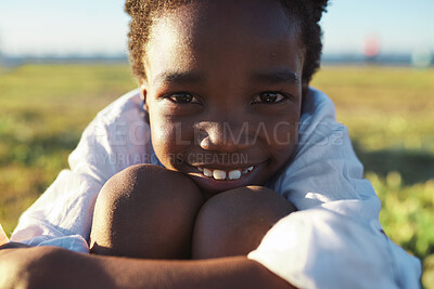 Buy stock photo Travel, portrait and black boy on field with smile, childhood holiday and fresh air on weekend break. Happy, getaway and child in park with good mood, youth vacation and outdoor trip in Los Angeles.