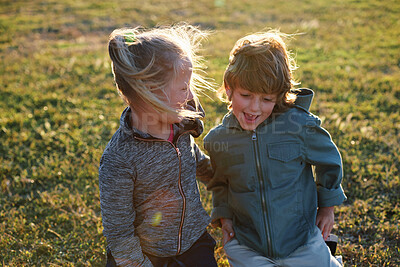 Buy stock photo Happy, children and siblings play in park with weekend break, bonding together or childhood development. Kids, brother and sister smile outdoor on field with family connection, growth and friendship.