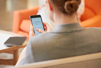 Buy stock photo Phone screen, architect and woman in office with blueprint for building layout, review or design. Mobile, engineering and person in workplace with floor plan for digital development, back and project