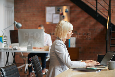 Buy stock photo Business, laptop and typing with designer woman in workplace for planning or research. Computer, report and review with design employee in coworking office for administration or email feedback