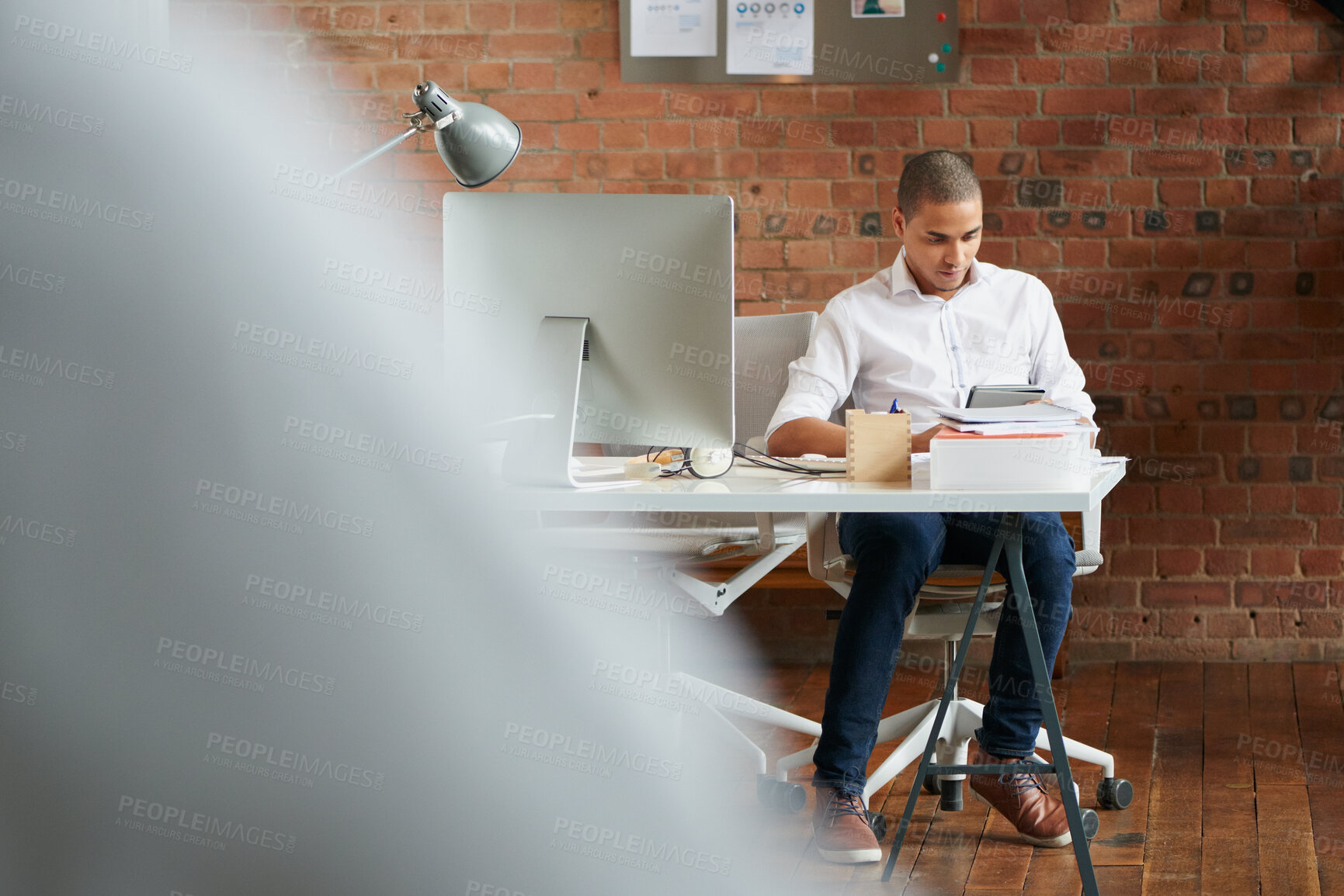 Buy stock photo Business, search and tablet with designer man in office for planning, report or review. Creative, research and technology with design employee in workplace for administration or email feedback