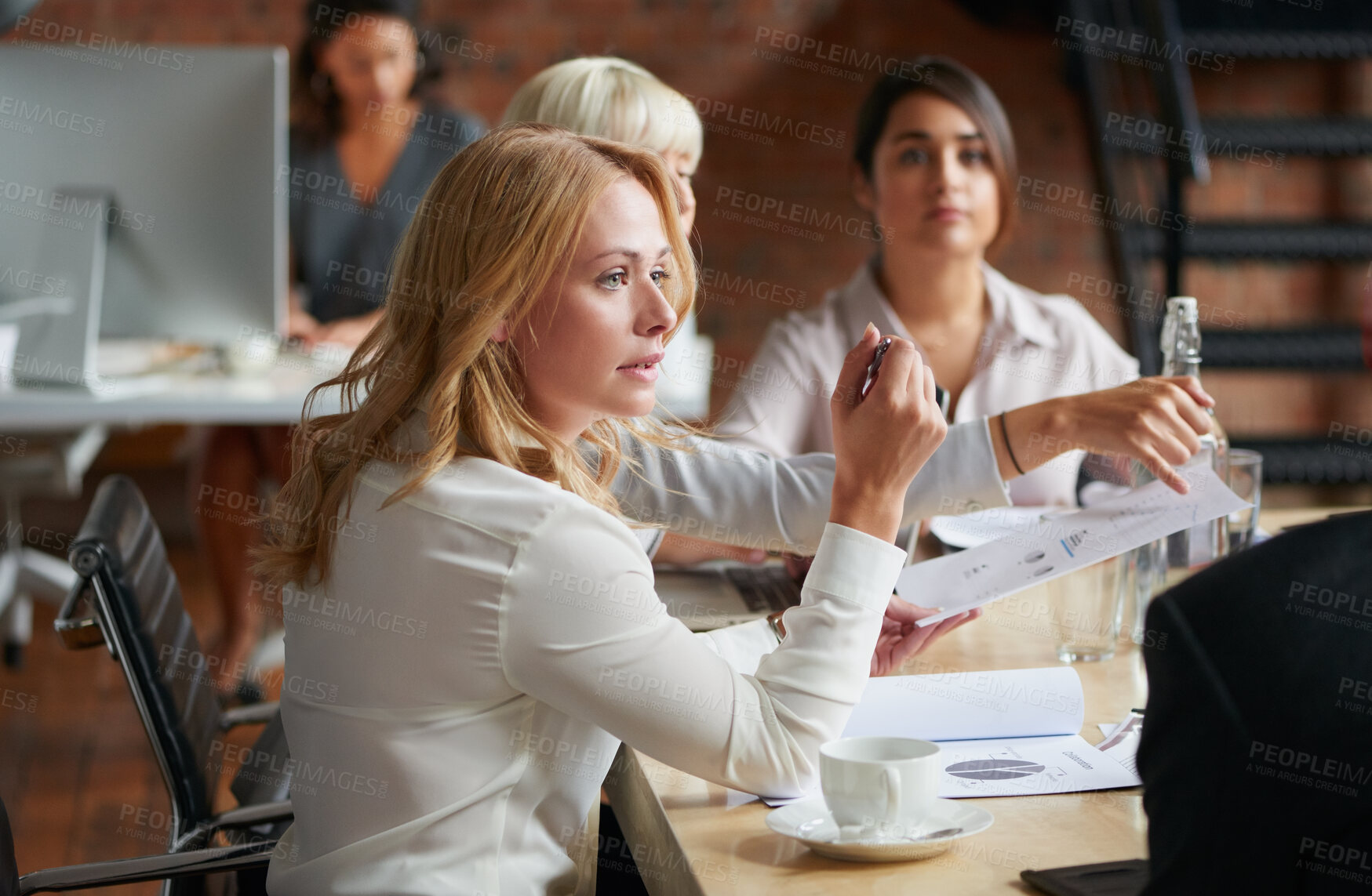 Buy stock photo Meeting, conversation and paperwork with business people in office for event planner, proposal or feedback. Schedule, project management or startup with team in creative agency for venue planning