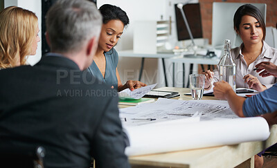 Buy stock photo Meeting, blueprint and discussion with architect in office for development update, review or planning. Team, people and brainstorming with documents for construction project, design or strategy