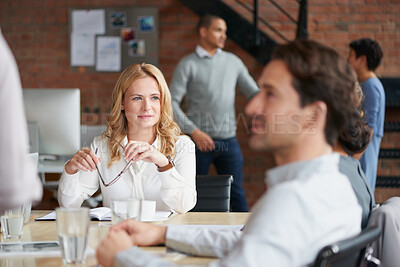 Buy stock photo Meeting, woman or business people with creative team for company vision or development in office. Female person, designer or employee with colleagues for project ideas, tasks or strategy in workplace