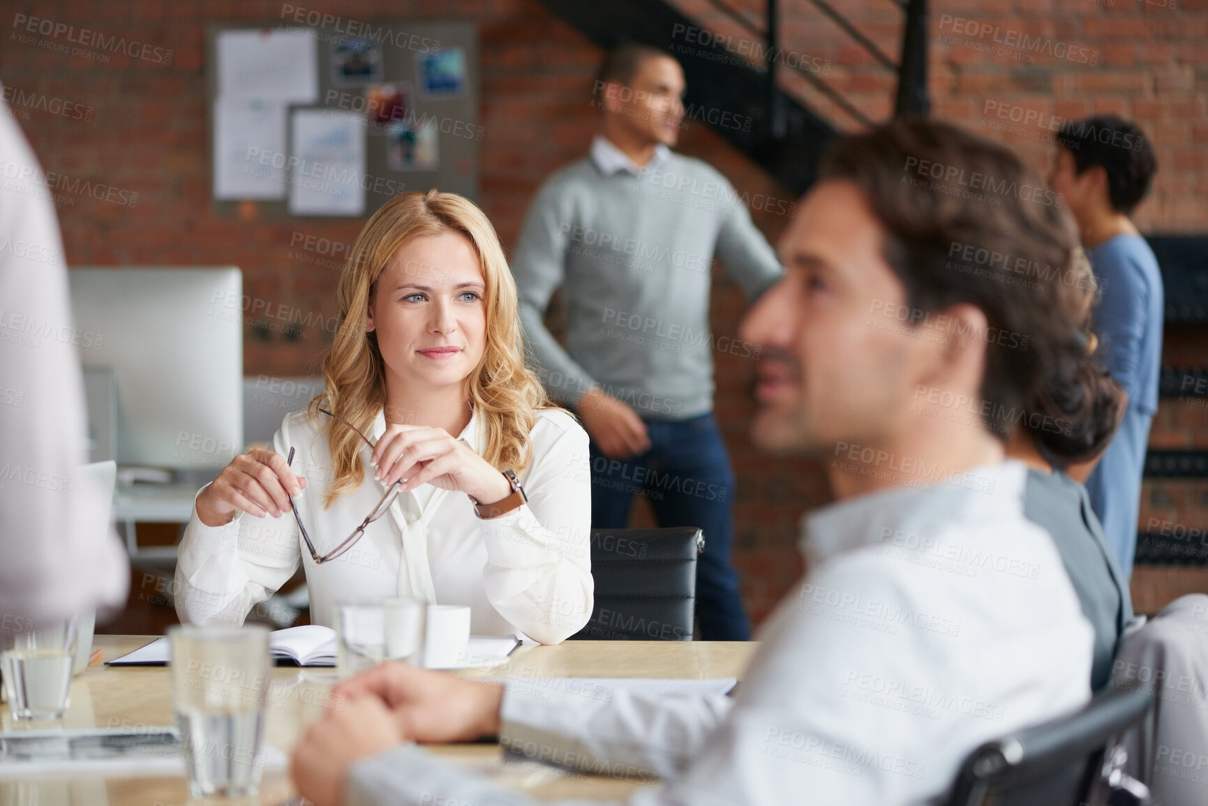 Buy stock photo Meeting, woman or business people with creative team for company vision or development in office. Female person, designer or employee with colleagues for project ideas, tasks or strategy in workplace
