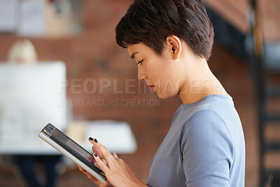 Buy stock photo Business, scrolling and tablet with designer woman in workplace for planning or research. App, report search and review with design employee in coworking office for administration or email feedback