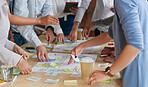 Brainstorming session with post it notes on desk