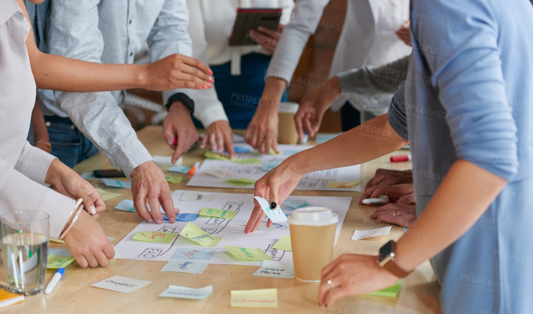 Buy stock photo Planning, sticky notes or hands in office with teamwork, problem solving or strategy in creative campaign. Ideas, people or marketing staff with paper, brainstorming or collaboration for brand growth