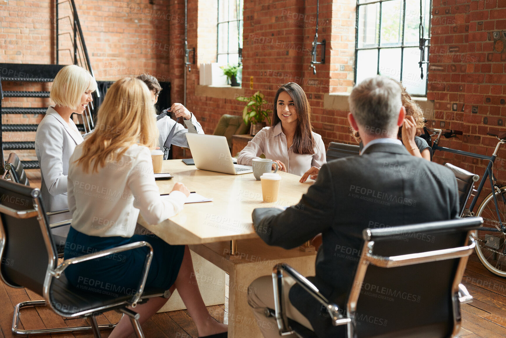 Buy stock photo Meeting, discussion and laptop with business people in office for event planner, proposal or feedback. Schedule, project management or startup with team in creative agency for venue budget planning