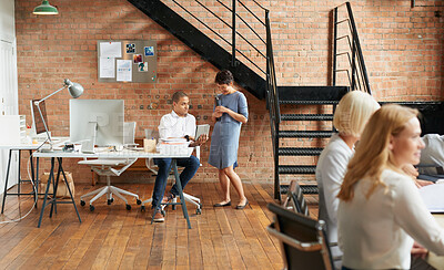 Buy stock photo Proposal, conversation and tablet with business people in office for event planner, meeting or client feedback. Online, project management or startup with team in creative agency for venue discussion