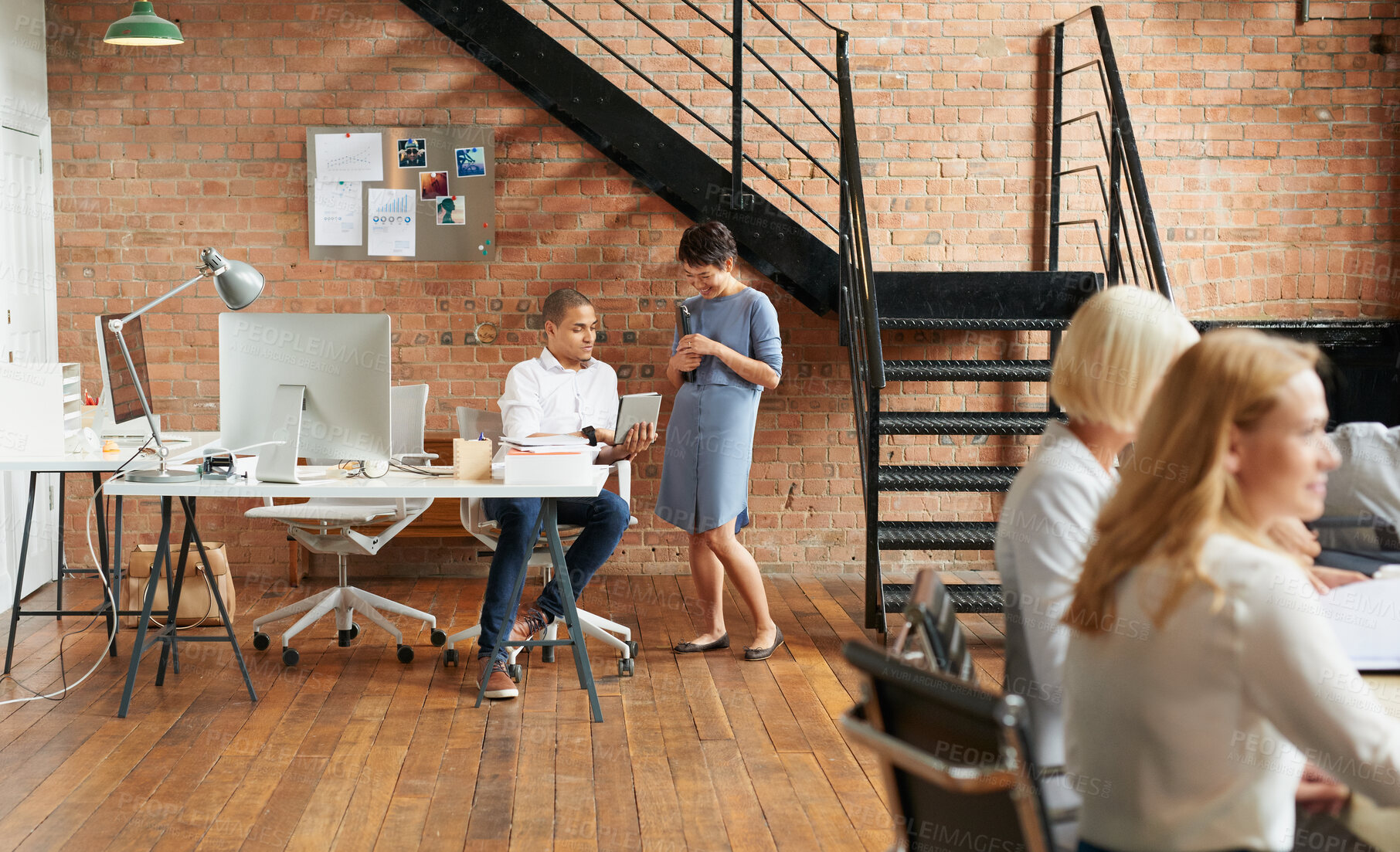 Buy stock photo Proposal, conversation and tablet with business people in office for event planner, meeting or client feedback. Online, project management or startup with team in creative agency for venue discussion