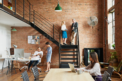 Buy stock photo Business people, teamwork and discussion with paperwork on stairs, financial planning and coworking. Office, collaboration and colleagues with tech for project, conversation and wealth management