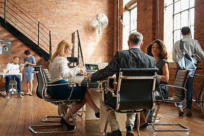 Buy stock photo Meeting, discussion and update with business people in office for event planner, proposal or feedback. Schedule, project management or startup with team in creative agency for venue budget planning
