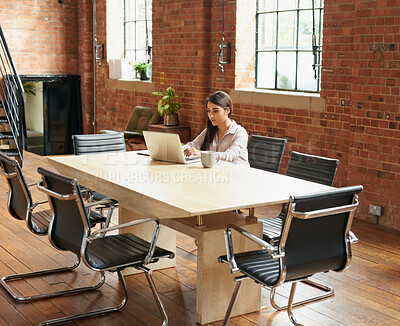 Buy stock photo Business, laptop and typing with designer woman in boardroom for planning or research. Computer, report and review with creative employee in design for email feedback or online administration