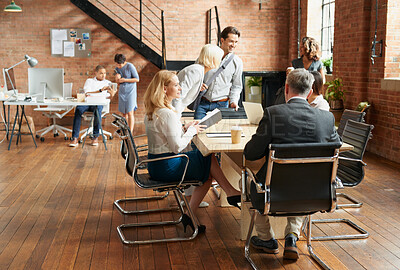 Buy stock photo Business, meeting and people in workplace, planning for creative campaign and feedback for proposal. Group, collaboration and employee with schedule for project launch and discussion for startup