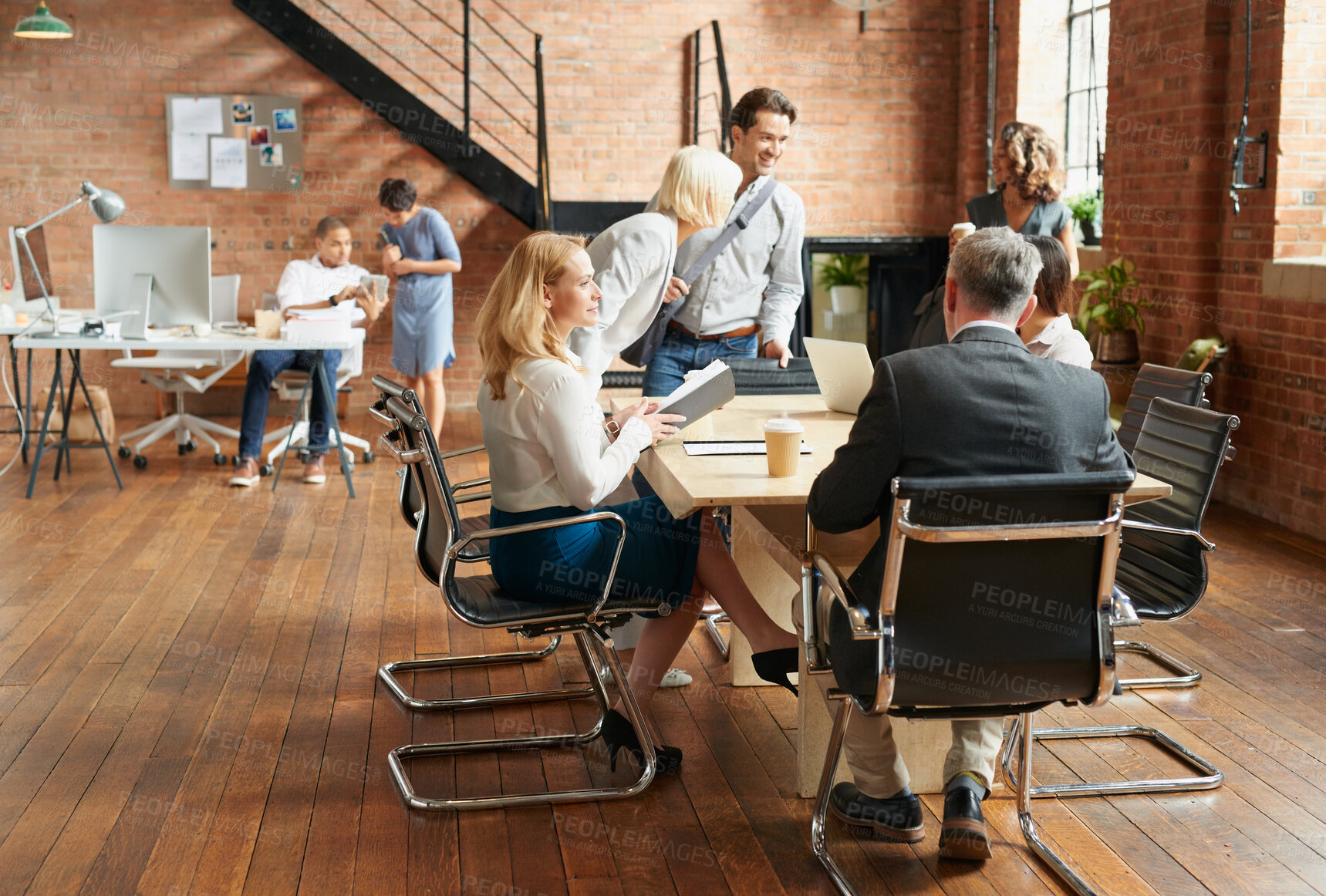 Buy stock photo Business, meeting and people in workplace, planning for creative campaign and feedback for proposal. Group, collaboration and employee with schedule for project launch and discussion for startup