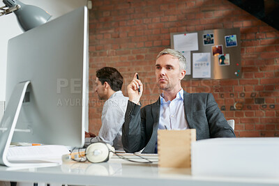 Buy stock photo Business, computer and thinking with designer man in office for planning or research. PC, problem solving and report with design manager in creative workplace for administration, feedback or solution