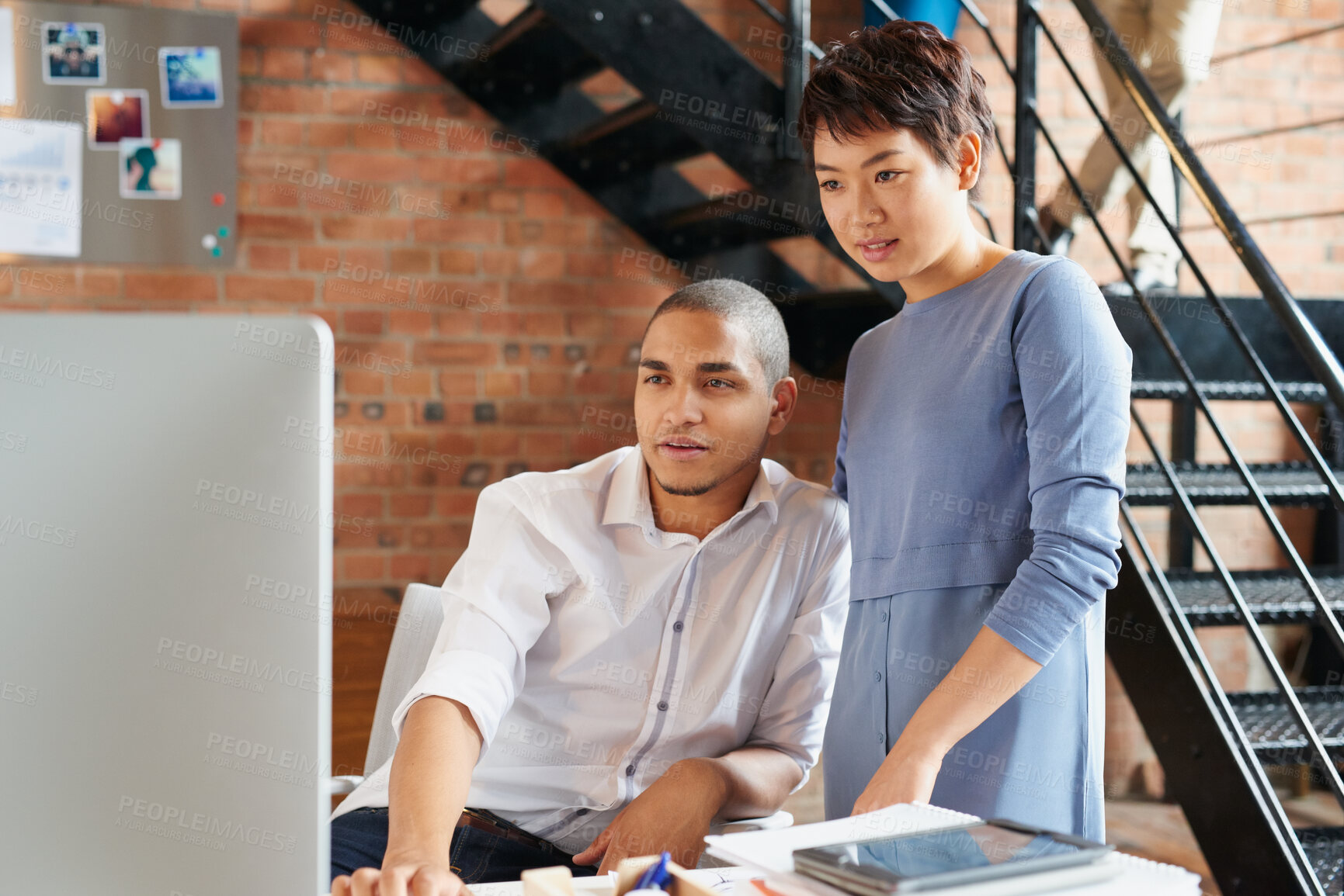 Buy stock photo Meeting, conversation and computer with business people in office for event planner, proposal or feedback. Online, project management or startup with team in creative agency for deal discussion