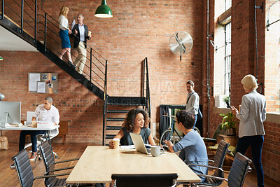 Buy stock photo Meeting, discussion and business people with creative team for company vision together in office. Group, designer or employees with ideas for project proposal, work tasks or strategy in workplace