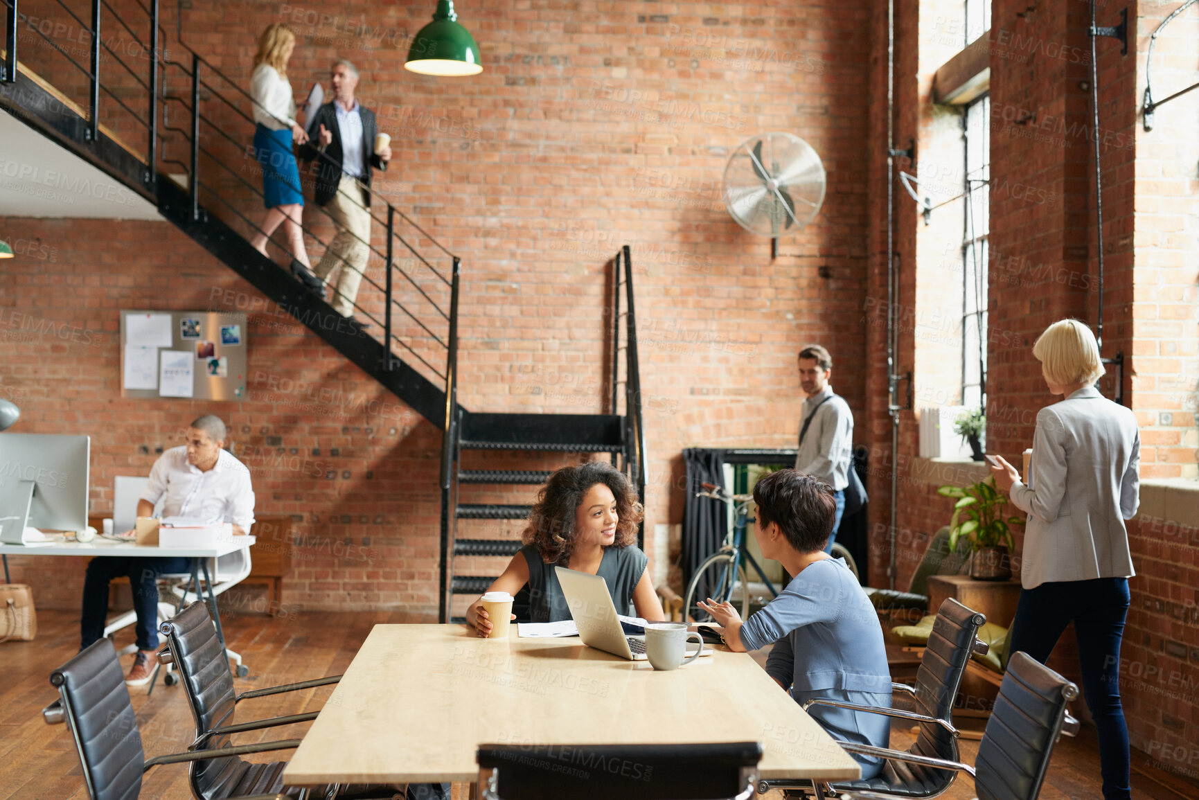 Buy stock photo Meeting, discussion and business people with creative team for company vision together in office. Group, designer or employees with ideas for project proposal, work tasks or strategy in workplace
