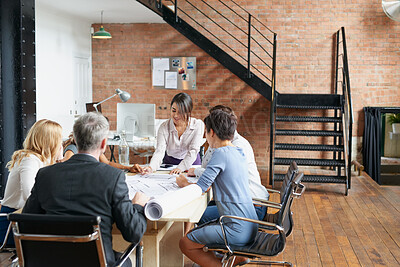Buy stock photo Meeting, blueprint or planning with architect in office for development update, review or conversation. Team, people and brainstorming with documents for construction drawing, design or strategy