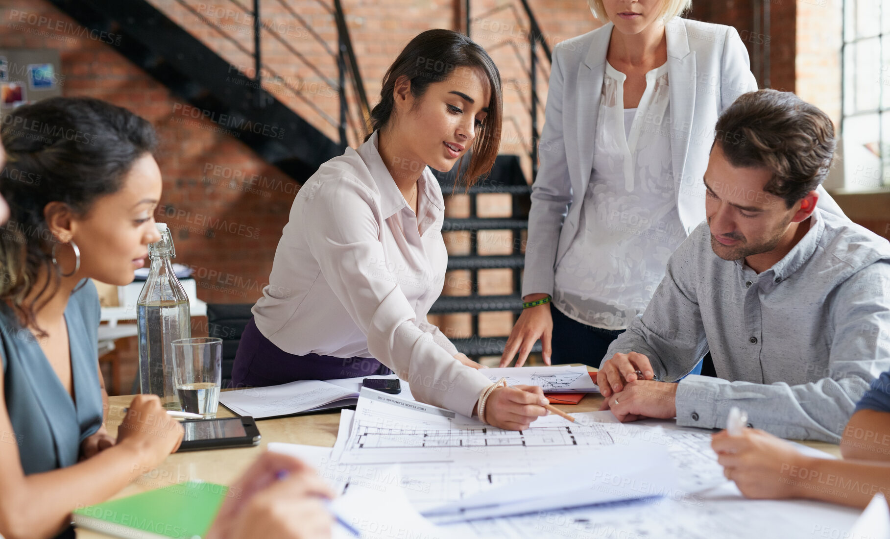 Buy stock photo Meeting, conversation and floor plan with business people in office for event planner, proposal or feedback. Blueprint, project management or startup with team in creative agency for venue planning