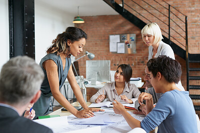 Buy stock photo Meeting, discussion and floor plan with business people in office for event planner, proposal or feedback. Blueprint, project management or startup with team in creative agency for venue planning