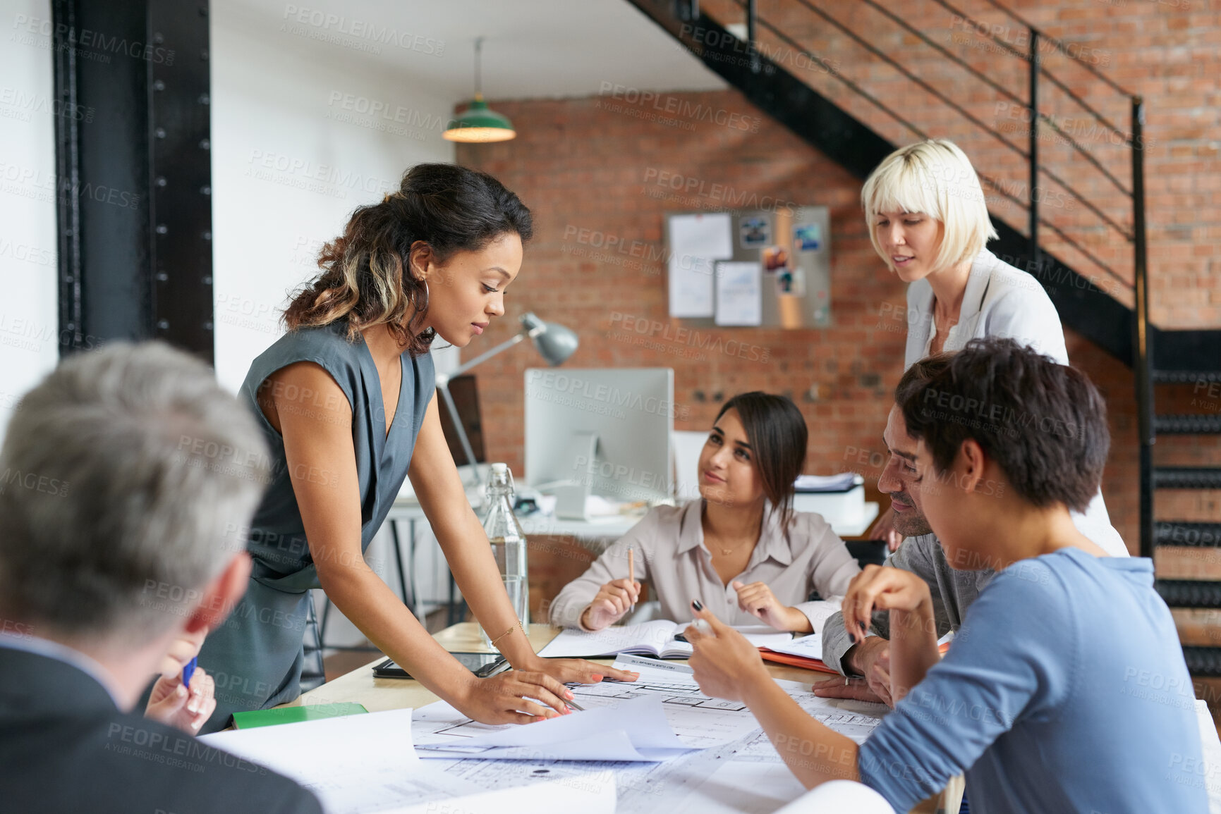 Buy stock photo Meeting, discussion and floor plan with business people in office for event planner, proposal or feedback. Blueprint, project management or startup with team in creative agency for venue planning