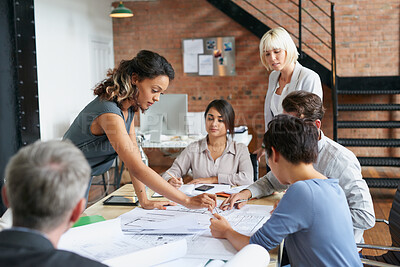 Buy stock photo Meeting, paperwork and floor plan with business people in office for event planner, proposal or feedback. Blueprint, project management or startup with team in creative agency for venue planning