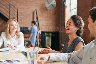 Buy stock photo Meeting, laugh and woman with team in office for marketing proposal, discussion or feedback. Business, planning and funny people brainstorming for advertising campaign, strategy brief and joke
