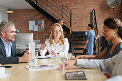 Buy stock photo Meeting, team and listening in office with woman, marketing strategy brief and problem solving. People, planning and discussion for advertising campaign, collaboration and feedback with laptop