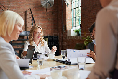 Buy stock photo Smile, business and people in office with document, strategy report or planning for accounting. Happy, team or meeting in workplace with paperwork, finance information and budget audit for investment