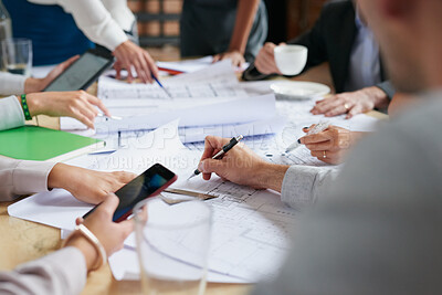 Buy stock photo Team, discussion and hands with blueprint paper in office for development budget, tech or floor plan. Meeting, people and collaboration with construction document, drawing design or architect layout