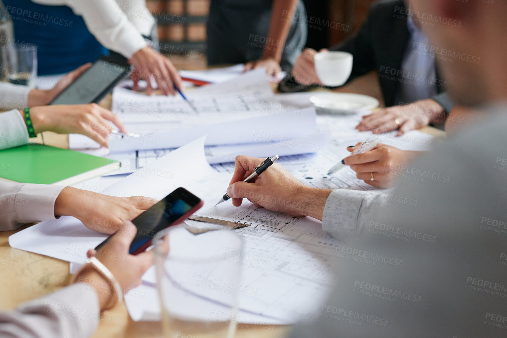 Buy stock photo Team, discussion and hands with blueprint paper in office for development budget, tech or floor plan. Meeting, people and collaboration with construction document, drawing design or architect layout