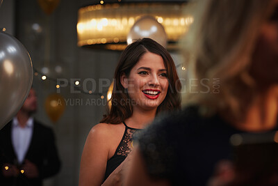 Buy stock photo Night, friends and woman with smile for event, birthday celebration and reunion for social gathering. Evening party, happy and people with get together for special occasion, bonding and weekend fun