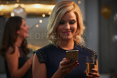 Buy stock photo Phone, champagne and woman at party with social media update, celebration and text message. Mobile, smile and person with alcohol at new year gathering, online connection or gala with bokeh at night