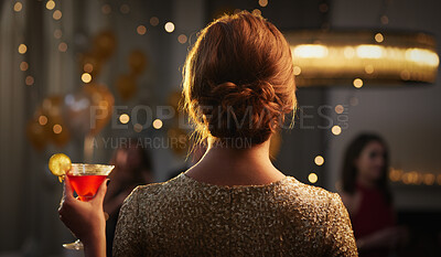 Buy stock photo Celebration, night or woman at party with cocktail, sparkling beverage or fruity drink at elegant event. Glamour, back or person with bokeh, cold glass or alcohol refreshment at evening gala.