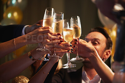 Buy stock photo Cheers, luxury or hands at party with champagne, good time or friendship bonding at reunion event. Happy, glamour or people with drinks toast, get together or celebration moment at gala gathering.