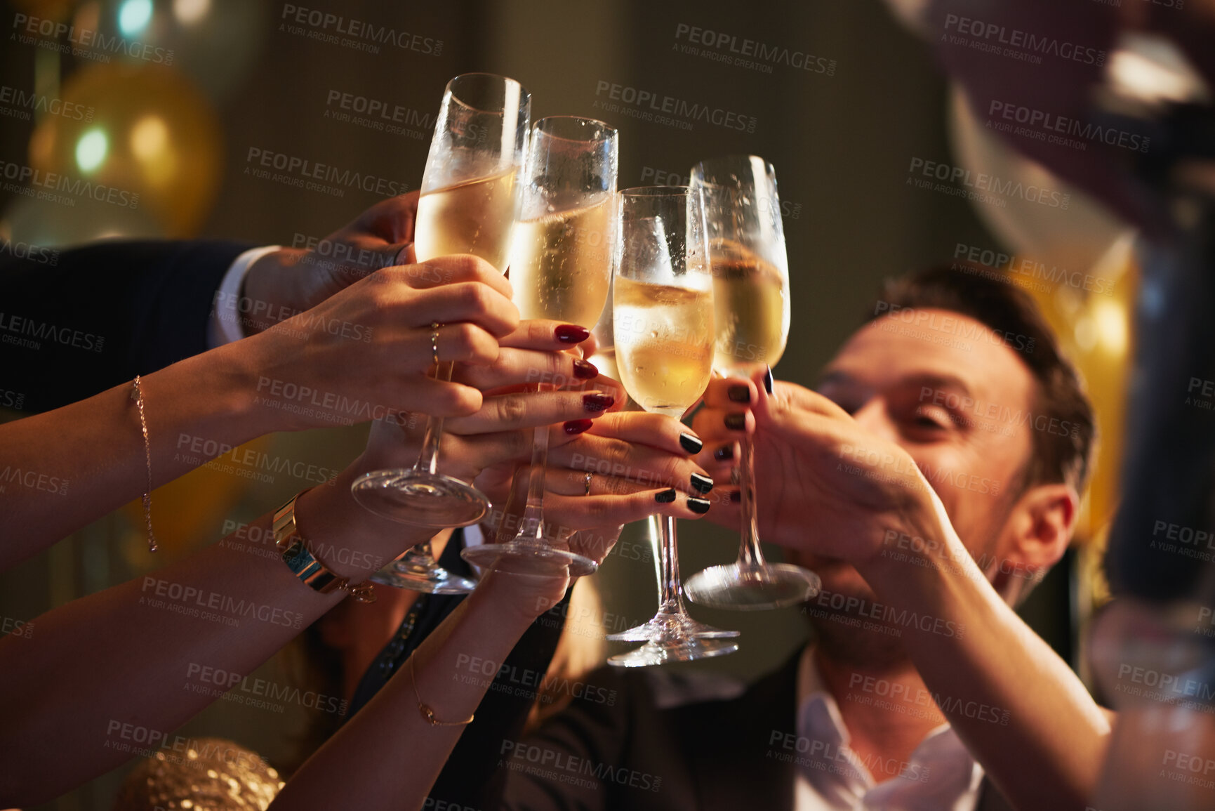 Buy stock photo Cheers, luxury or hands at party with champagne, good time or friendship bonding at reunion event. Happy, glamour or people with drinks toast, get together or celebration moment at gala gathering.