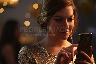 Buy stock photo Phone, scroll and woman at party or nightclub with social media update, celebration or text message. Mobile, smile or person at new year gathering, online connection or check post with bokeh at event