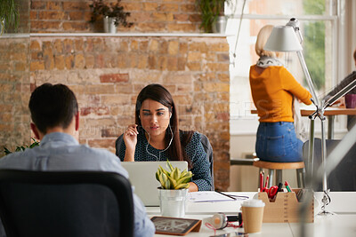 Buy stock photo Research, earphones or woman with laptop in startup, streaming music or monitor campaign traction. Creative, coworking or marketer with tech for engagement report, ads planning or listening to song