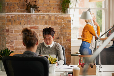 Buy stock photo Research, earphones and woman with laptop in creative agency, music and monitor campaign traction. Startup, coworking and marketer with tech for engagement report, planning ads and streaming podcast
