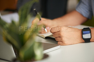 Buy stock photo Hands, pen and planning with business man at desk in office for agenda, notes or schedule. Laptop, smart watch and writing with employee person in workplace for appointment, calendar or research