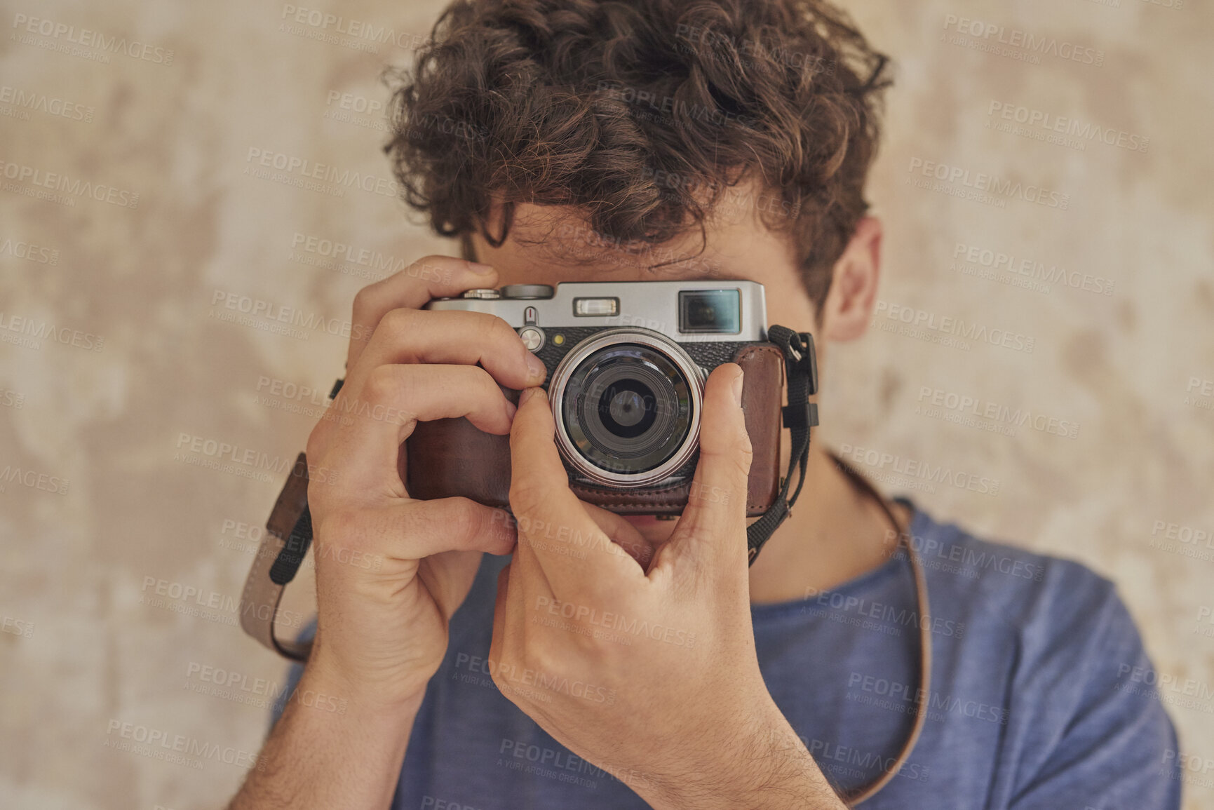 Buy stock photo Man, photographer and camera for photoshoot, production hobby and capture picture in home. Tech, male person and focus with vintage equipment for photography, memory or content creation project