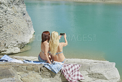Buy stock photo Travel, selfie and friends at lake with fun, online memory and bonding picture on summer break. Digital, back or women at river with space, hangout photo or vacation connection for social media post.