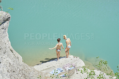 Buy stock photo Travel, swim and friends at river with fun, good time and bonding together on summer break. Sunshine, above or women at lake with space, water activity or vacation connection in outdoor getaway.

