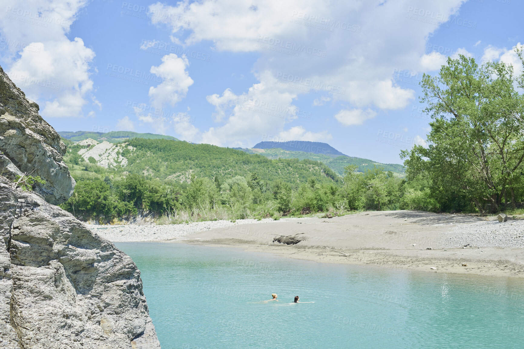 Buy stock photo Travel, swimming or friends at lake with fun, good time or bonding together on summer break. Sunshine, hangout or people at river with space, water activity or vacation connection in outdoor getaway