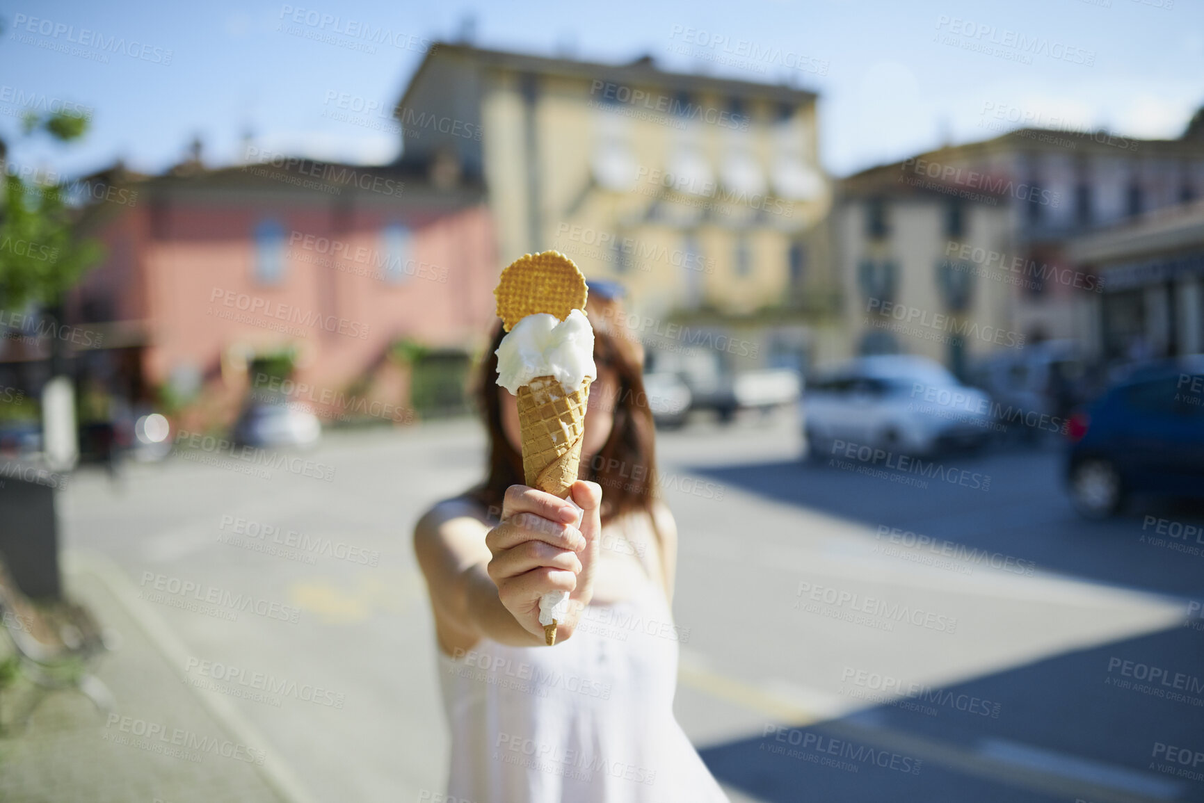 Buy stock photo Woman, hand and ice cream in city with summer holiday, tourist trip and cool snack for hot weather. Person, travel outdoor and gelato dessert cone in town with sweet treat, wafer or vacation in Italy